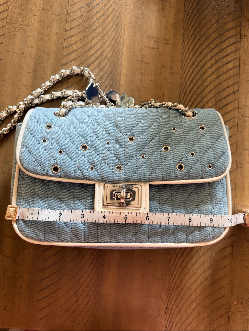 New Without Tags Karl Lagerfeld Denim Charm Bag Light Blue - Picture 6 of 12